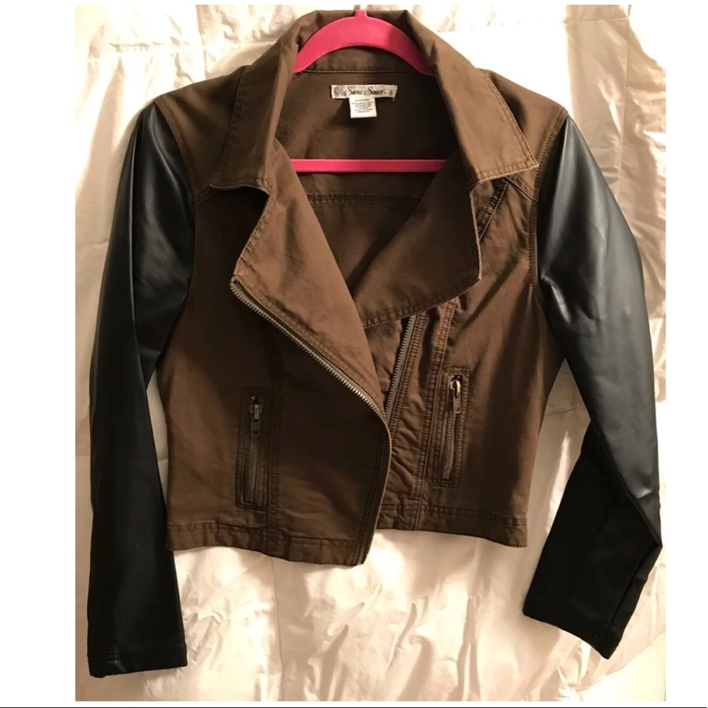 Olive color denim jacket with leather sleeves